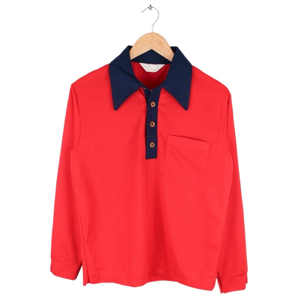 Vintage 60s David Homscu Dagger Collar Polo Shirt Men's Size Medium Long Sleeve